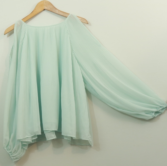 Cato Tops - Cato Mint Chiffon Pleated Cold Shoulder Top